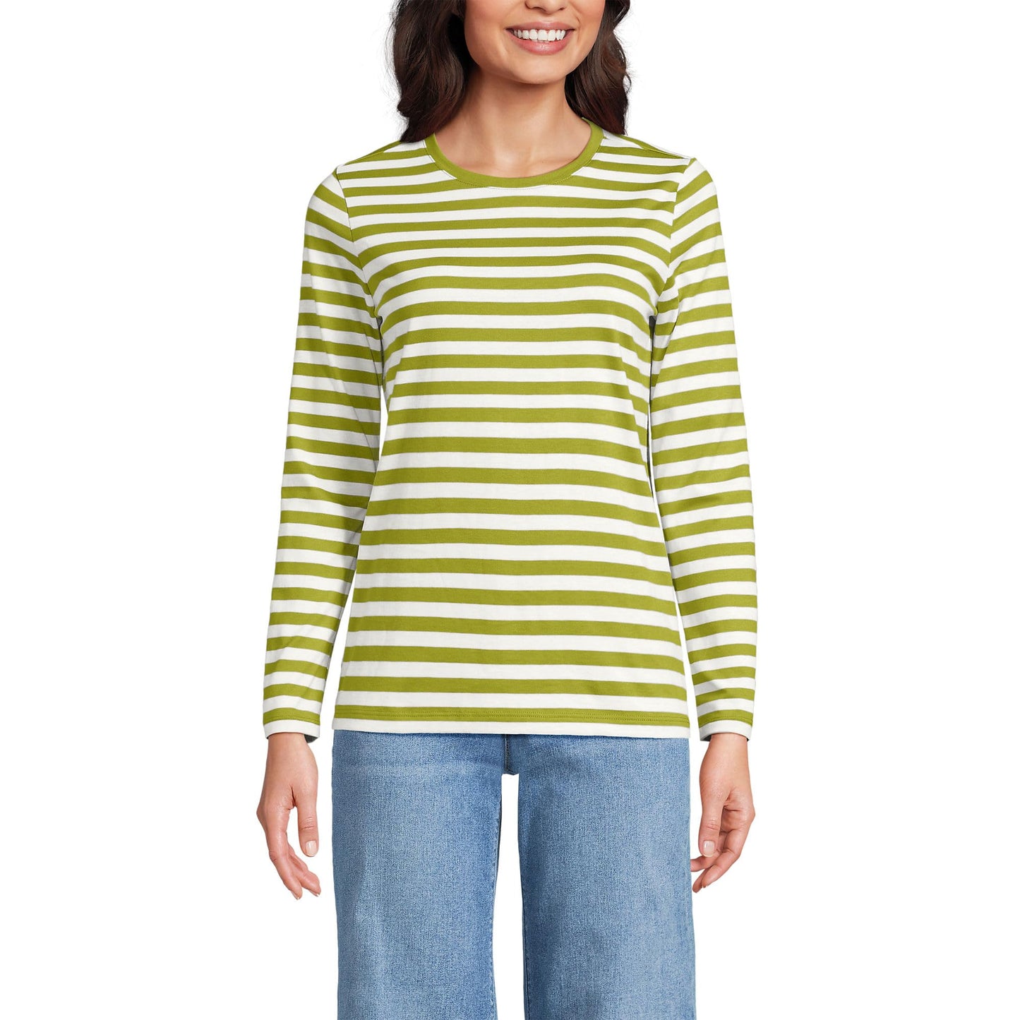 Lands' End Womens Long Sleeve Relaxed Supima Cotton Crew Neck T Shirt Vintage Lime Even Stripe Tall Large