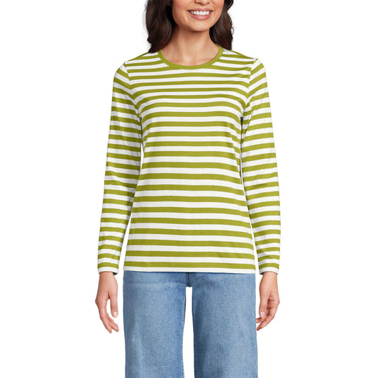 Lands' End Womens Long Sleeve Relaxed Supima Cotton Crew Neck T Shirt Vintage Lime Even Stripe Tall X-Large