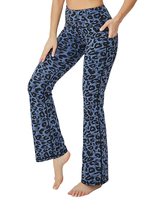 BUBBLELIME 29"/31"/33"/35" 4 Styles Women's Tummy Control Bootcut Yoga Pants - Side Pockets_Navy_Leopard M-35 Inseam