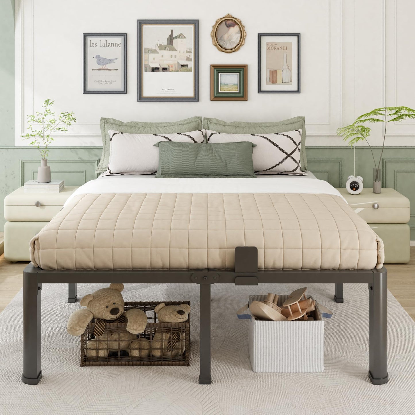 Firpeesy 18 Inch California King Bed Frame with Rounded Corner and Headboard Hole Mattress Retainers 3500 lbs Heavy Duty Support Metal Platform Bed Frame Noise Free No Box Spring Needed Easy Assembly