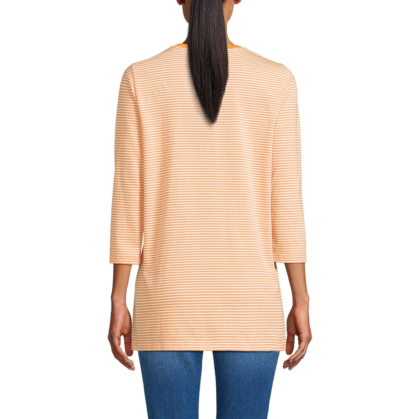 Lands' End Womens 3Q Cotton Supima Crew Neck Tunic Sweet Mango Micro Stripe Tall X-Large