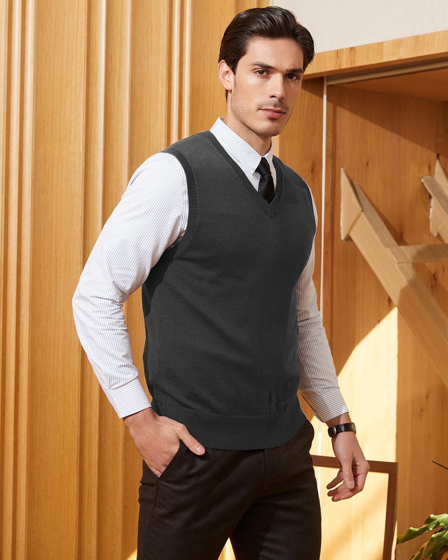 Kallspin Men's Big & Tall Wool Blended Vest Sweater Relaxed Fit V Neck Sleeveless Knitted Pullover (Charcoal XL-Tall)