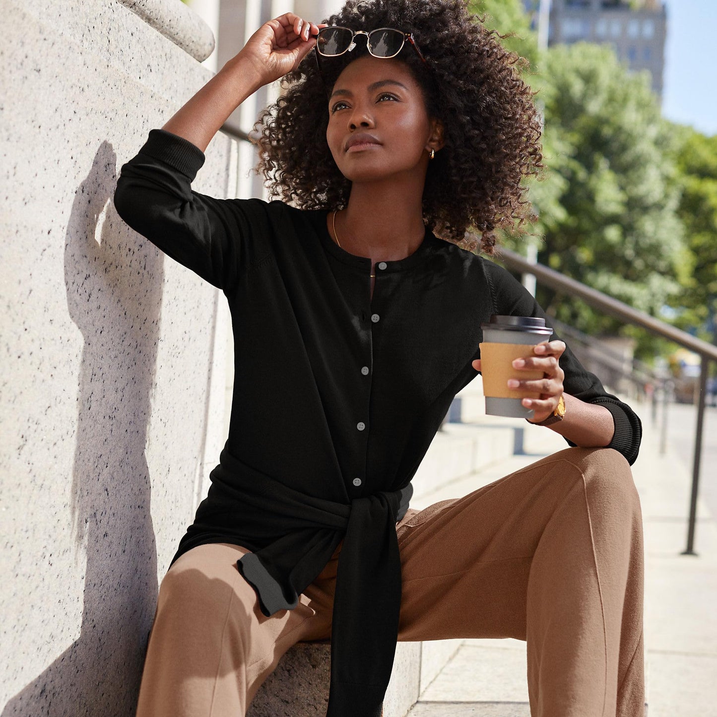 Lands' End Womens FG Cotton Cardigan Sweater Black Tall X-Large