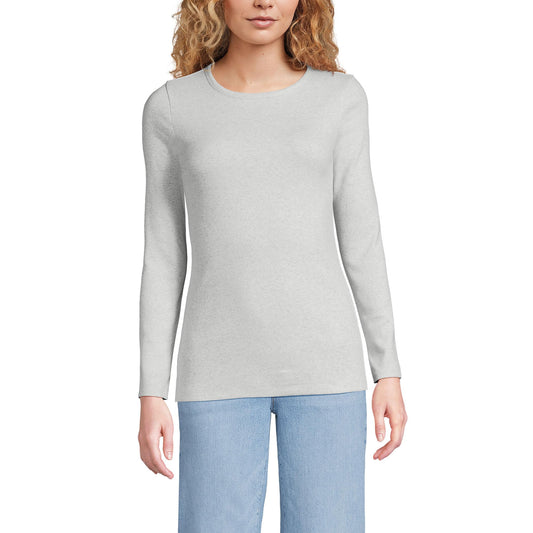Lands' End Womens Long Sleeve Micro Rib Crew Soft Light Gray Heather Tall Small