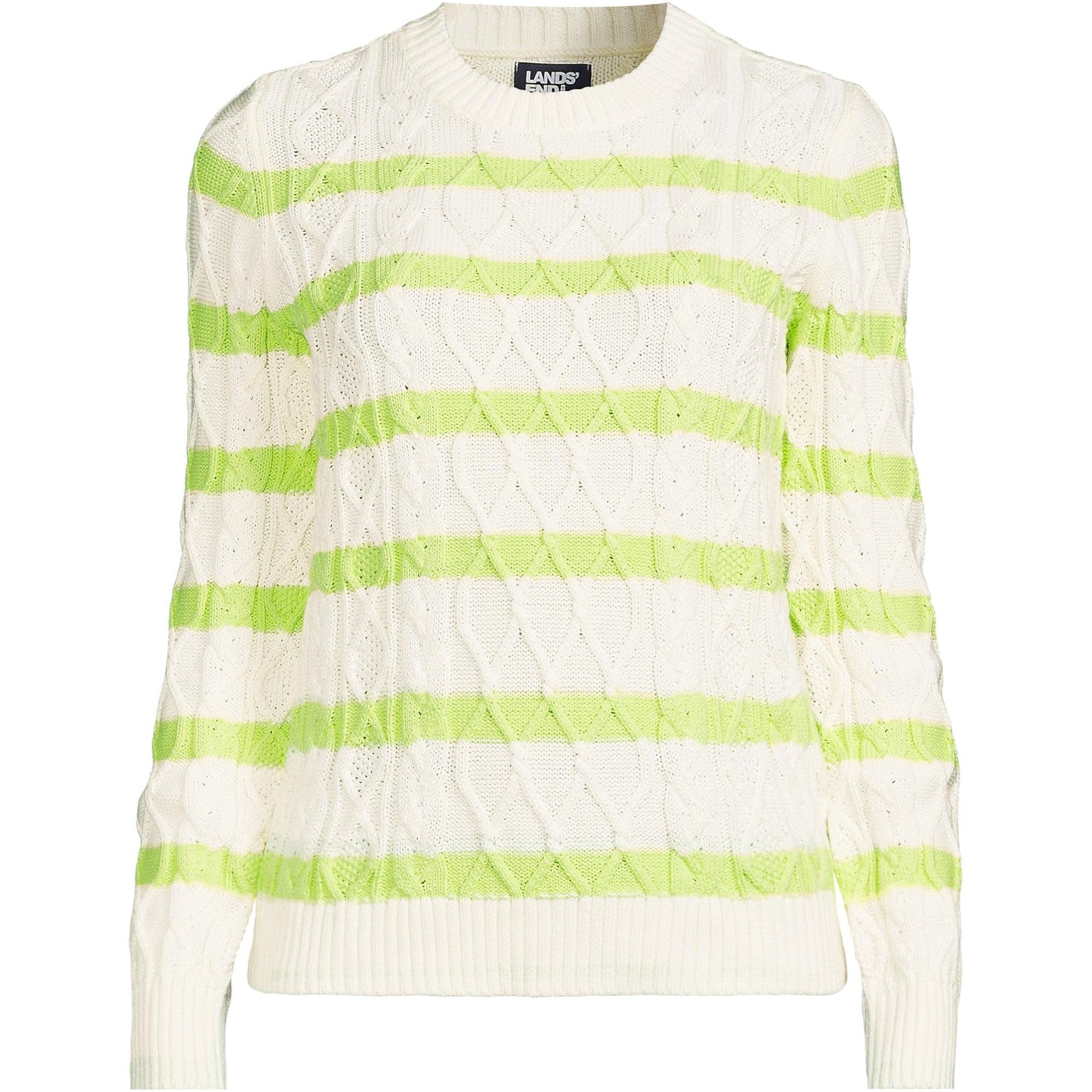 Lands' End Womens Aran Cable Crew Neck Sweater Ivory/Limoncello Gulf Stripe Tall Large