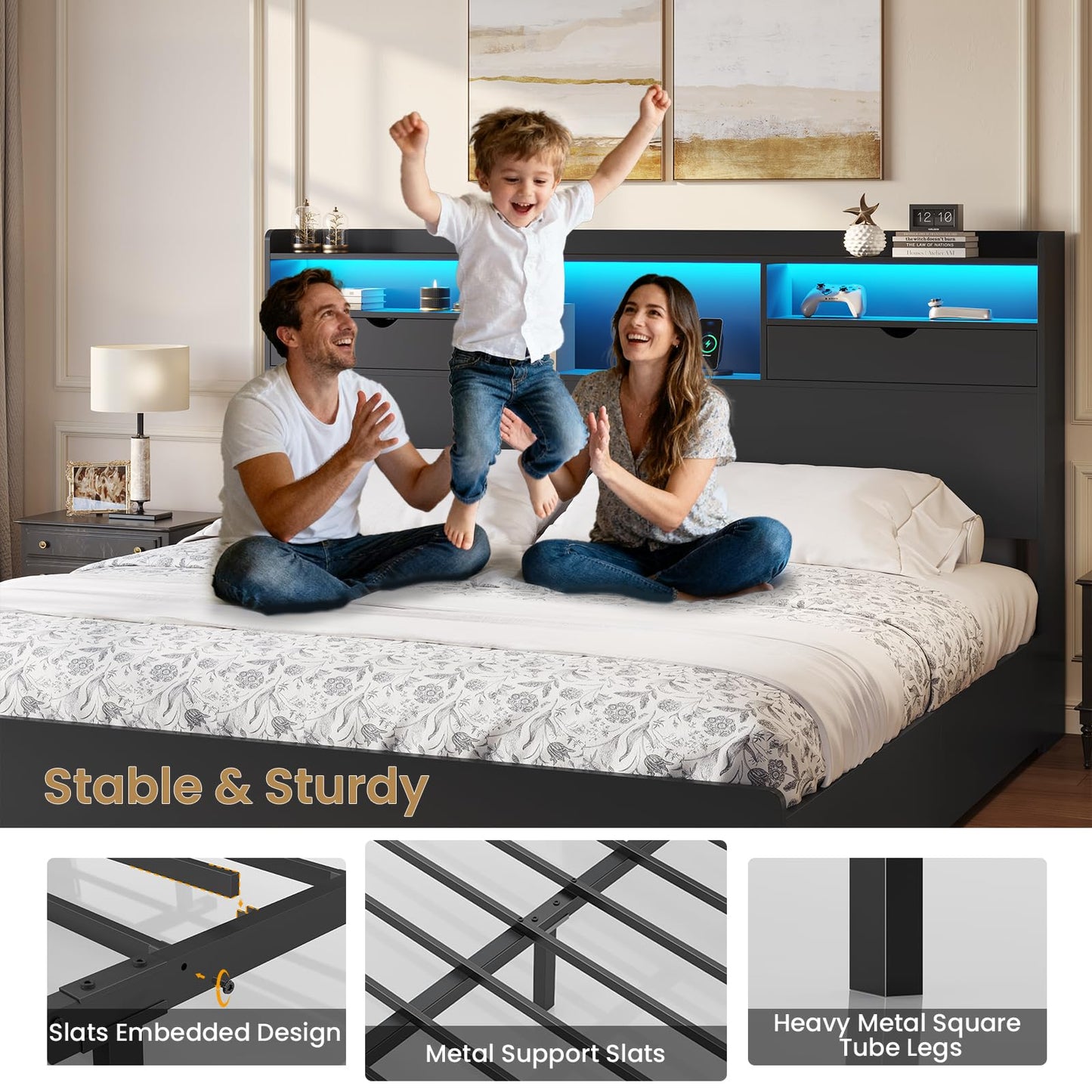 DICTAC California King Bed Frame with Bookcase Headboard and Storage, 4 Large Drawers, Wooden Platform Bed Frame with LED Lights, Charging Station, Strong Metal Slats, No Box Spring Required, No Noise