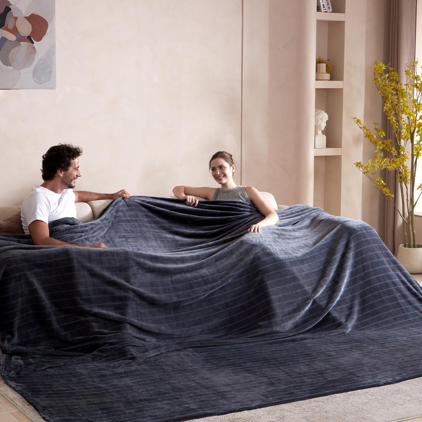 Serenhom Extra Large 120x120 Inch Giant Soft Cozy Fleece Blanket, Huge Oversized Seamless King 3D Jacquard Decorative California King Blanket for Bed, Couch, Travel - Striped Dark Grey