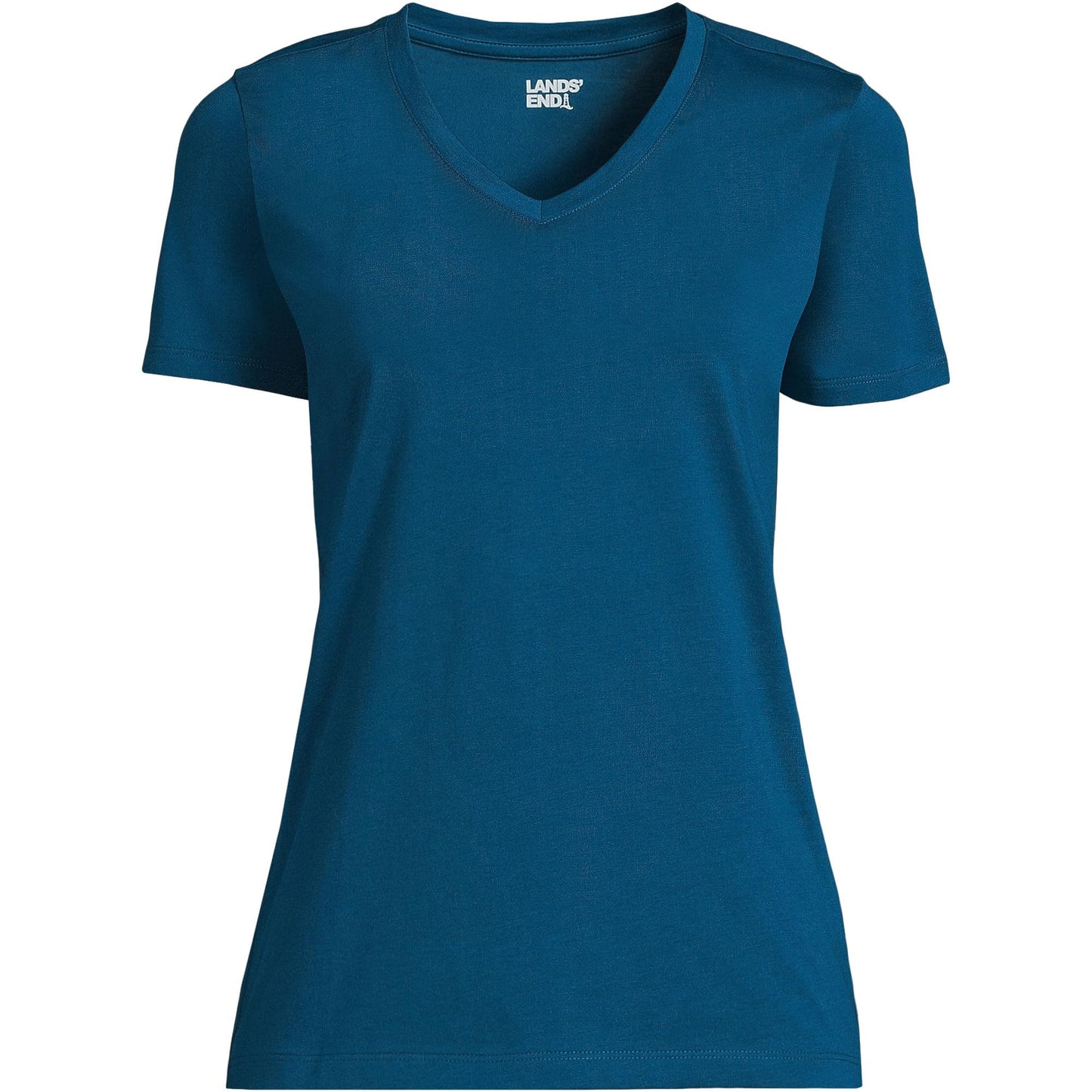 Lands' End Womens SS Relaxed Supima V Neck T Shirt Baltic Teal Tall Small