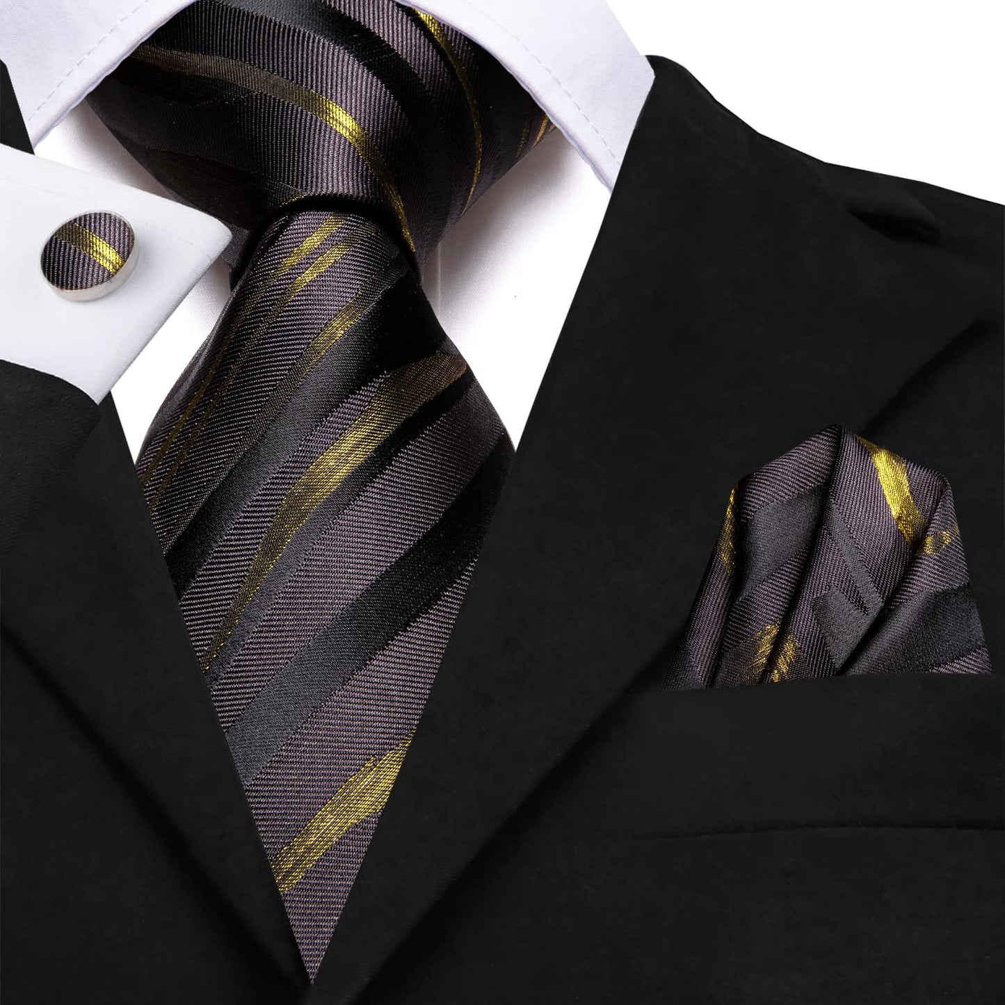 Hi-Tie Coffee Black Extra Long Ties for Men 70'' Silk Mens Ties Set Dress Necktie and Pocket Square Cufflink for Wedding