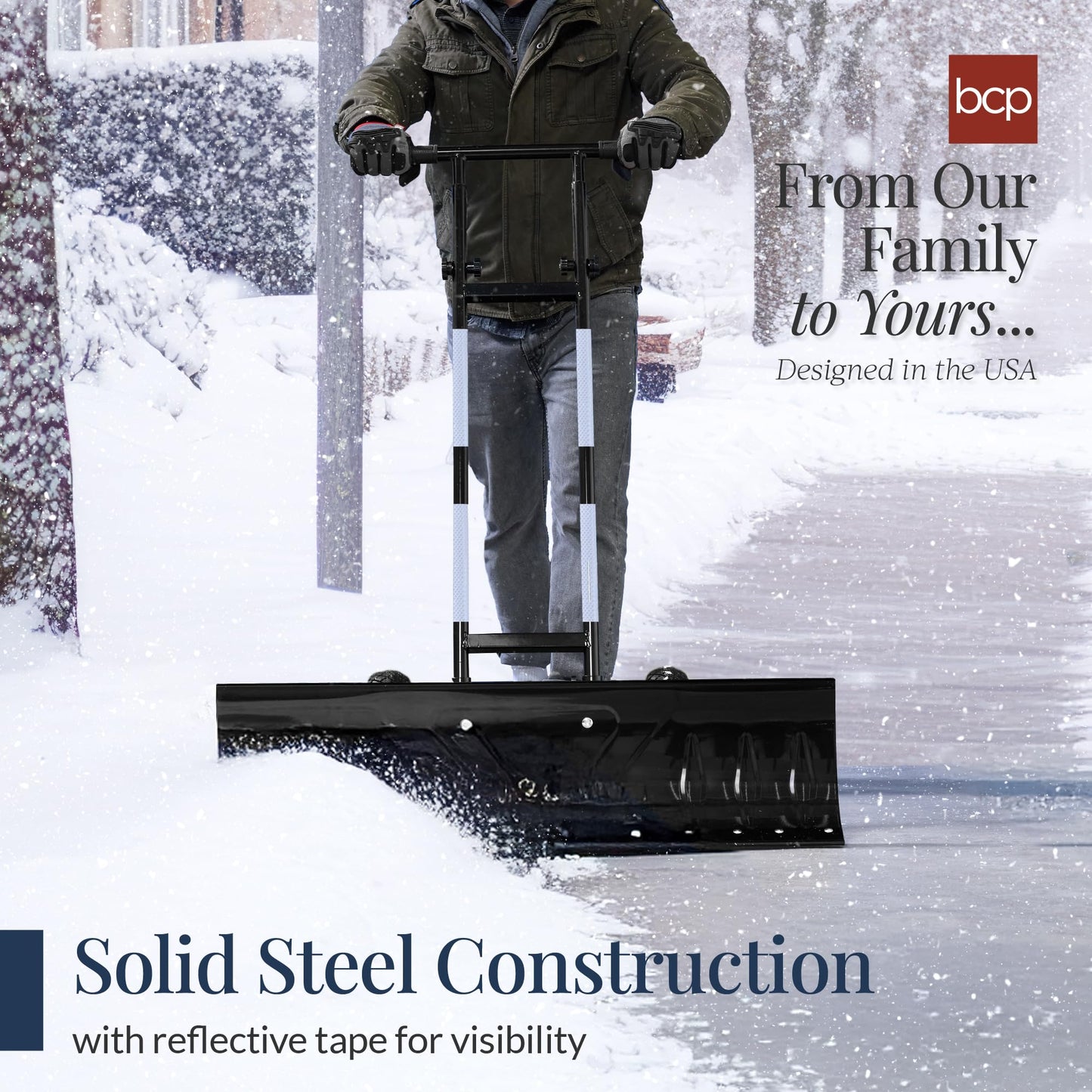 Best Choice Products 36in Heavy Duty Steel Snow Shovel Pusher for Driveway w/Wheels, Adjustable Handle, Angled Blade, Efficient Snow Removal, Back Saver Snow Plow with Safety Reflective Tape - Black