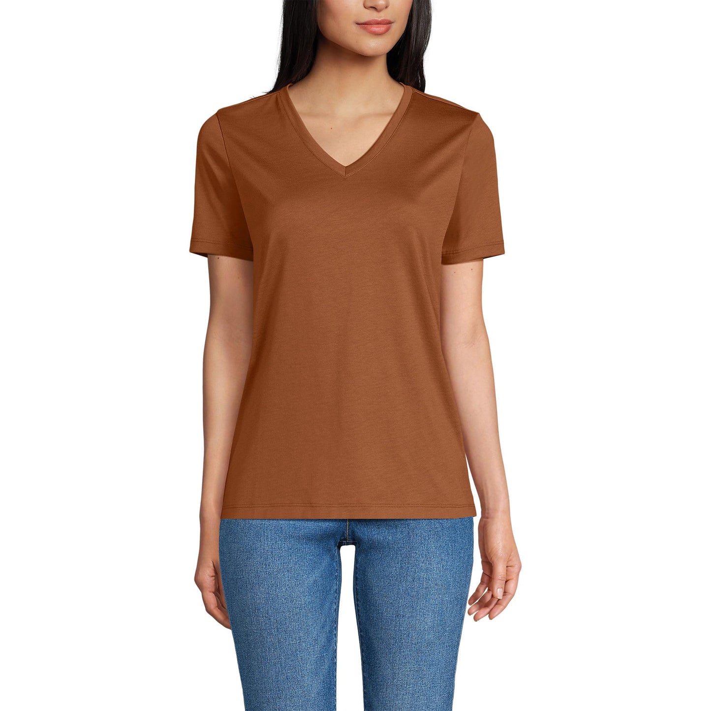 Lands' End Womens SS Relaxed Supima V Neck T Shirt Rich Ginger Brown Tall Small