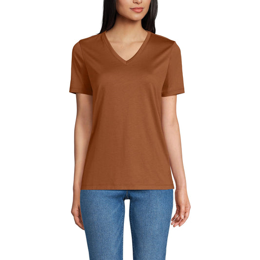 Lands' End Womens SS Relaxed Supima V Neck T Shirt Rich Ginger Brown Tall Small