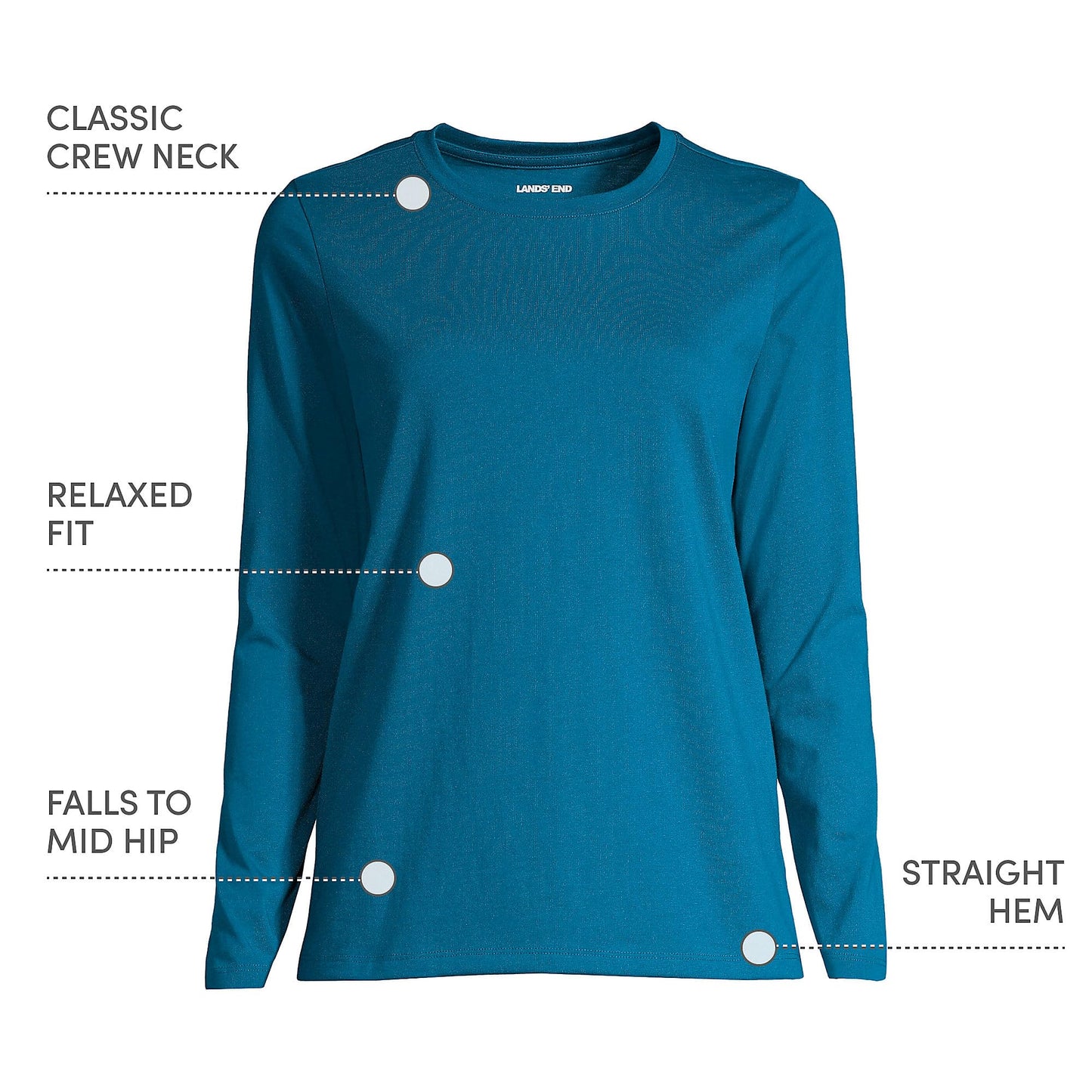 Lands' End Womens Long Sleeve Relaxed Supima Cotton Crew Neck T Shirt Baltic Teal Tall Large