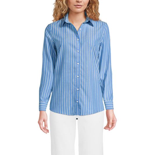 Lands' End Womens LS No Iron Button Front Shirt Muted Cobalt Crisp Stripe Tall 12