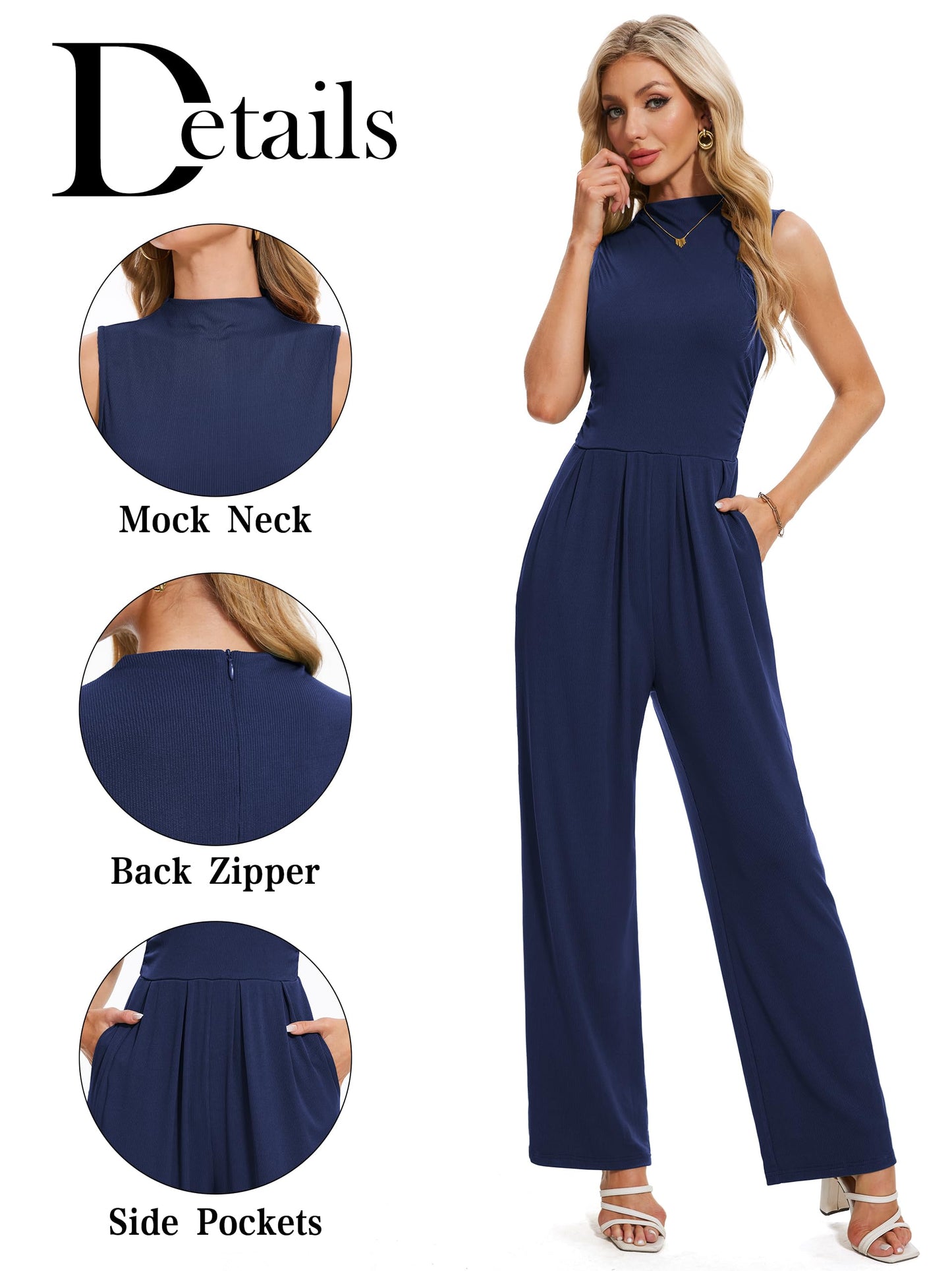 Tapata Women's Jumpsuits Dressy Casual One Piece Outfits Sleeveless Rompers Wide Leg Pants with Pockets, Tall, Navy Blue, Medium