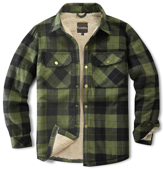 Puwasa Men's Flannel Jackets Sherpa Lined Side Pocket Shirt Jacket Plaid Button Up Camp Night Coat with Pocket Army Green Large Tall