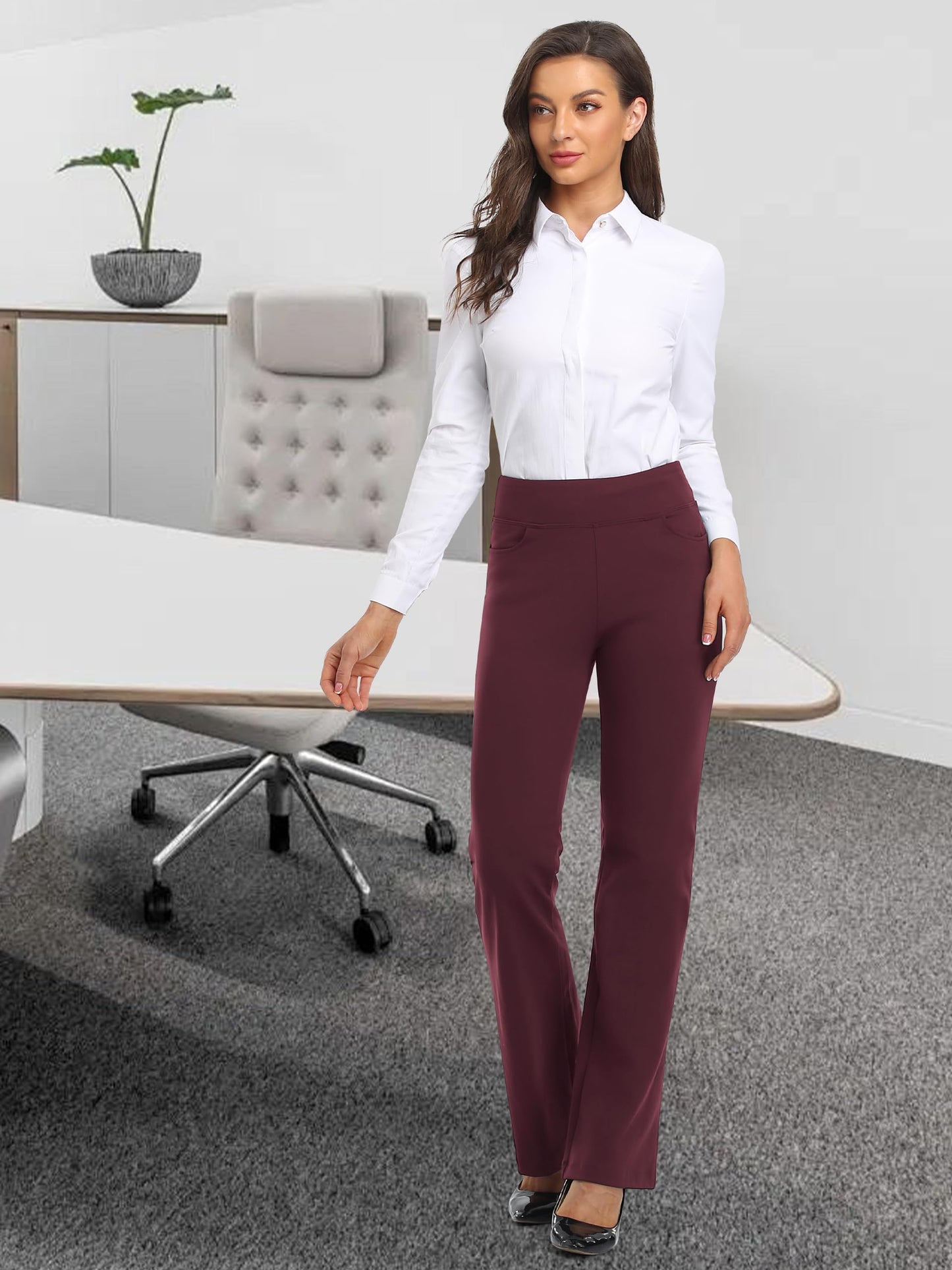 SEVEGO Women's Bootcut Yoga Dress Pants High Waist Stretch Work Pants with Pockets, 35" Burgundy, XXL