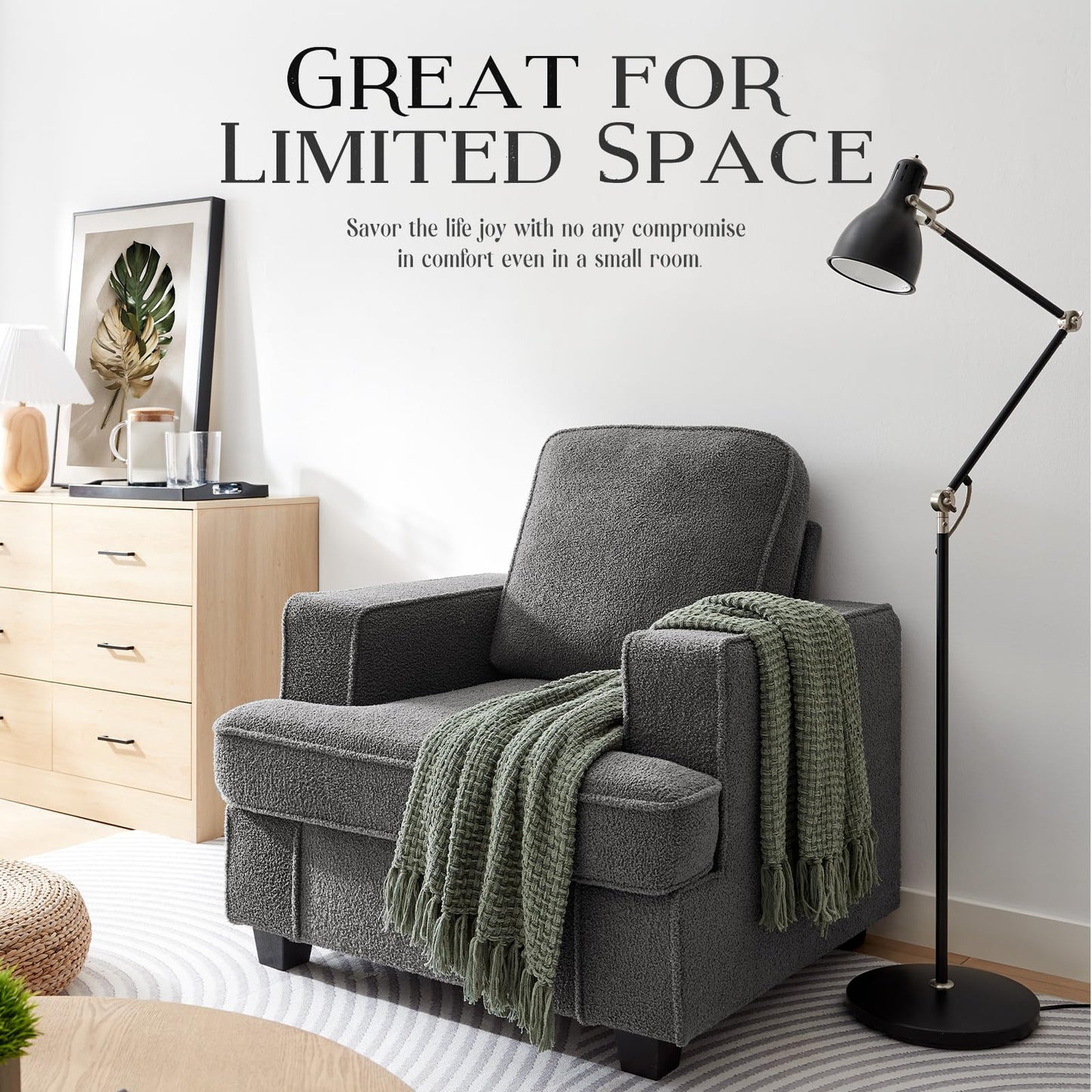 Couches for Living Room, 38” Cloud Couch in Soft Teddy Fleece, Removable Cover, Easy Assembly, Modern Sofa for Living Room/Bedroom/Office/Apartment, Dark-Gray