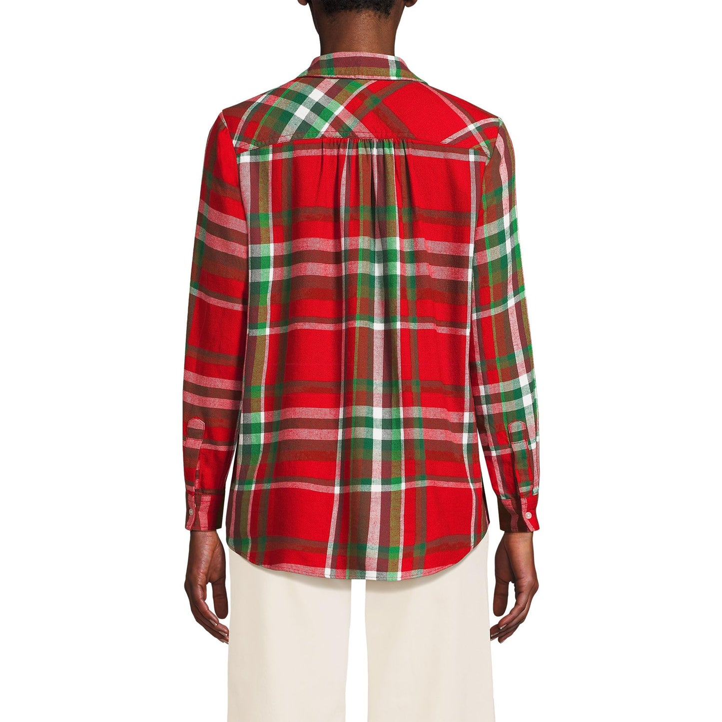 Lands' End Womens Flannel Boyfriend Long Sleeve Shirt Compass Red/Emerald Plaid Tall X-Large