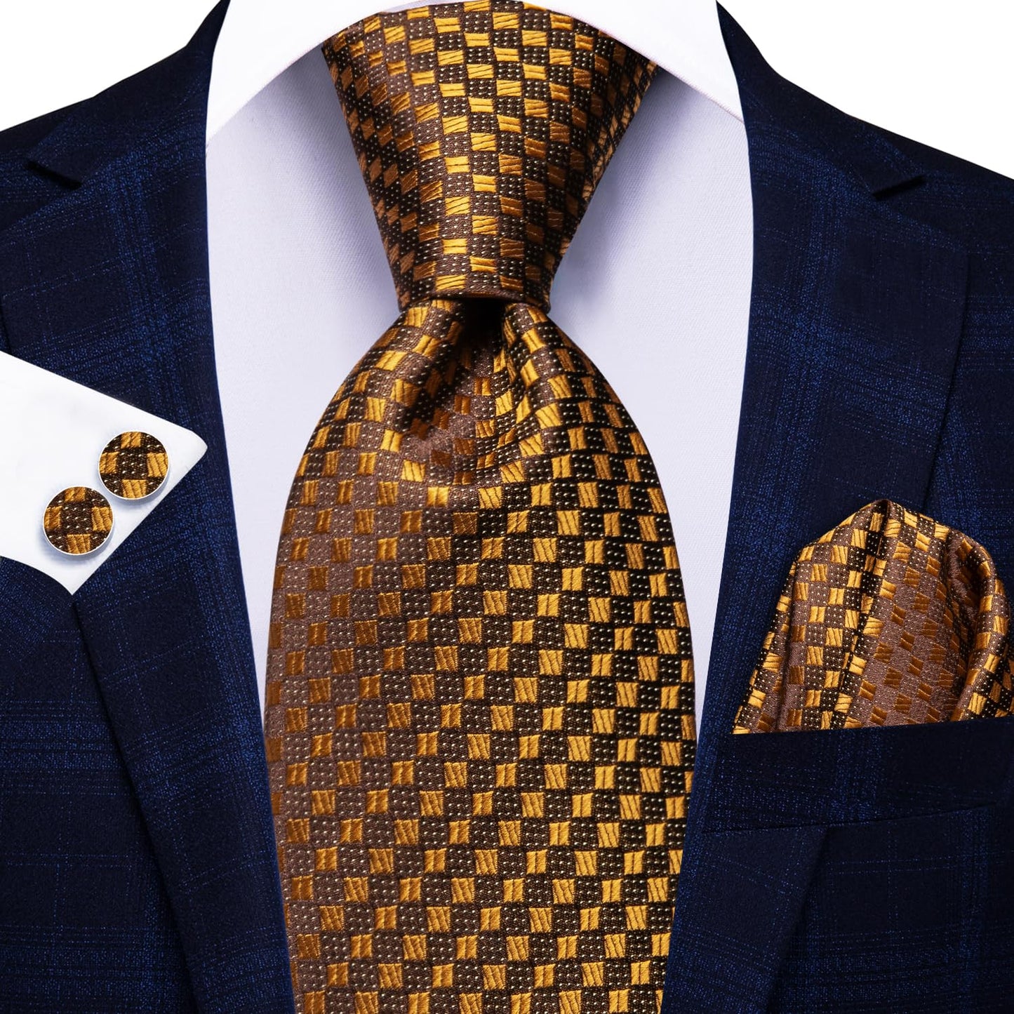 Hi-Tie Deep Gold Extra Long Men's Ties Set 70'' Silk Ties for Men Dress Necktie and Pocket Square Cufflinks for Wedding