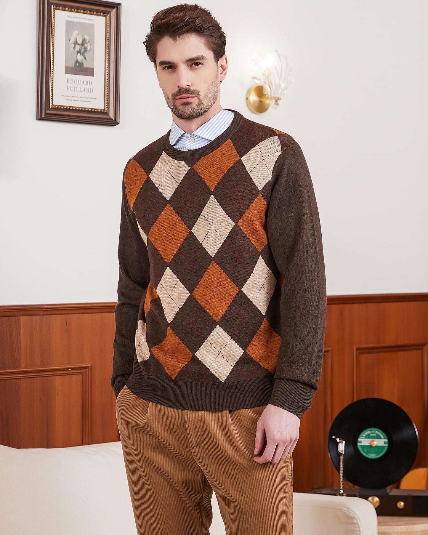 Kallspin Men's Wool Blend Crewneck Sweater Argyle Long Sleeve Pullover Sweater for Casual Or Dressy Wear(Brown,XL-Tall)