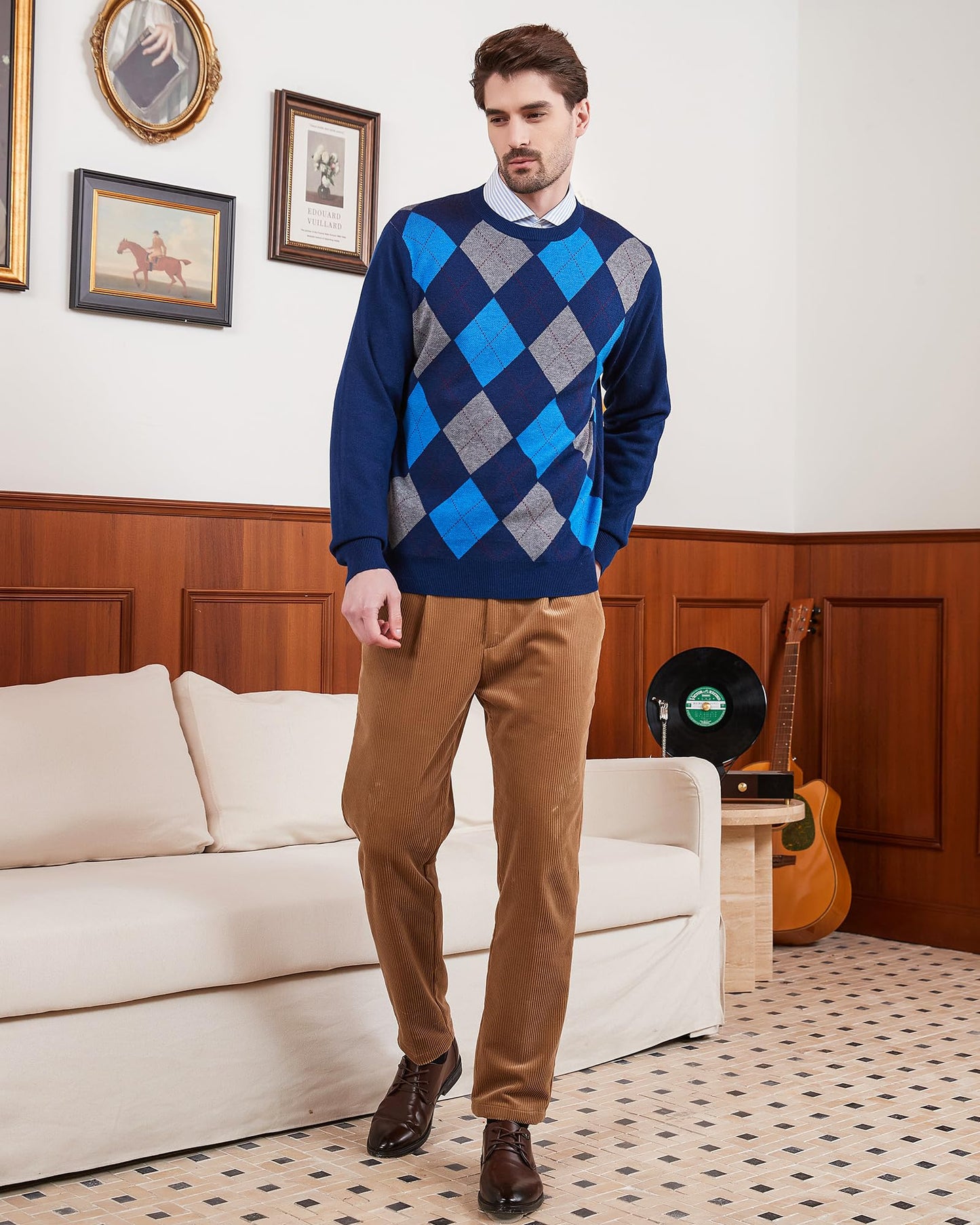 Kallspin Men's Wool Blend Crewneck Sweater Argyle Long Sleeve Pullover Sweater for Casual Or Dressy Wear(Navy Blue,3XL-Tall)