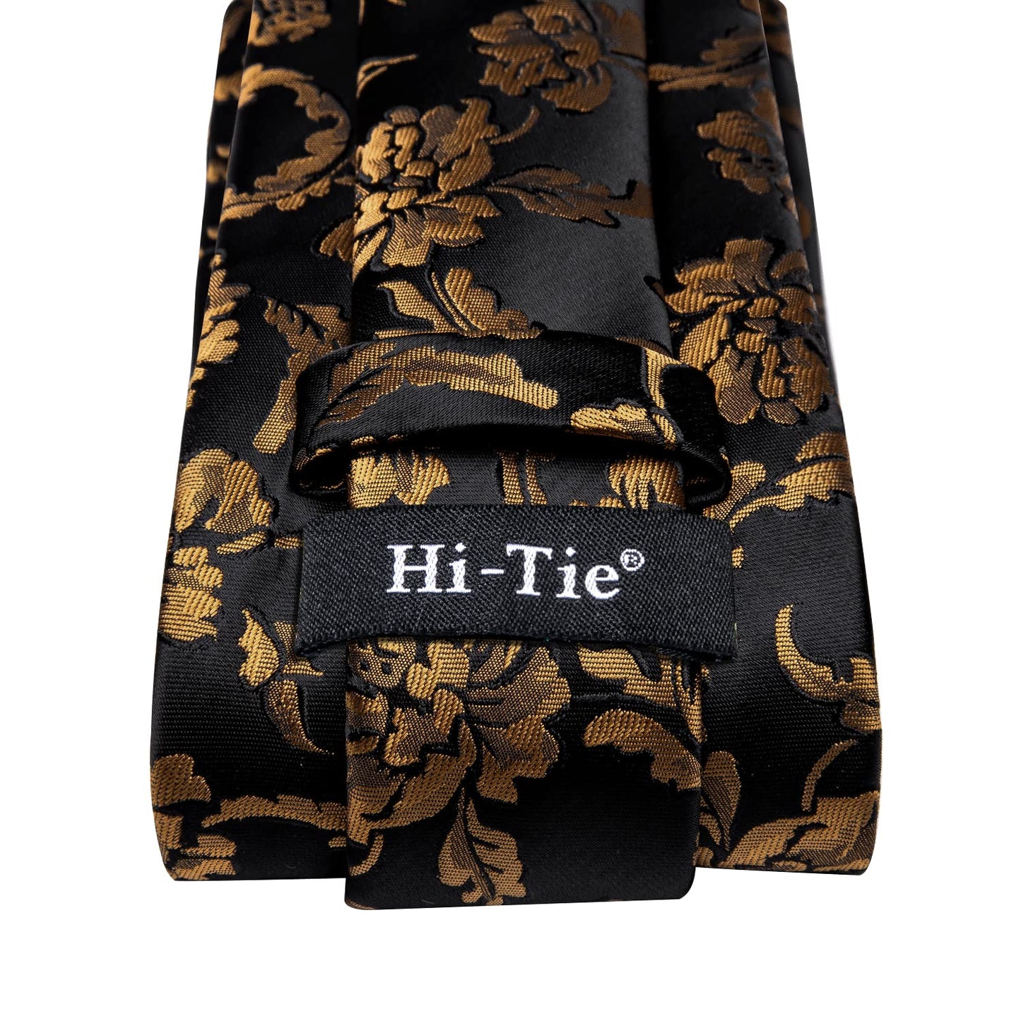 Hi-Tie 70'' Black Gold Ties for Men Silk Extra Long Floral Mens Ties Set Necktie and Pocket Square Cufflink for Wedding