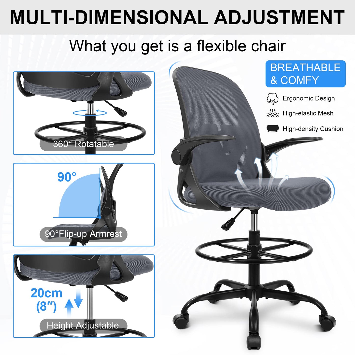 Primy Drafting Chair Tall Office Chair with Flip-up Armrests Executive Ergonomic Computer Standing Desk Chair with Lumbar Support and Adjustable Footrest Ring（Dark Gray）