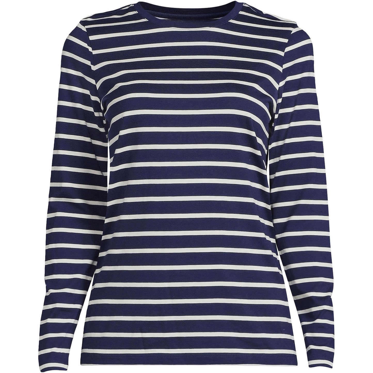 Lands' End Womens Long Sleeve Relaxed Supima Cotton Crew Neck T Shirt Deep Sea Navy Breton Stripe Tall X-Large