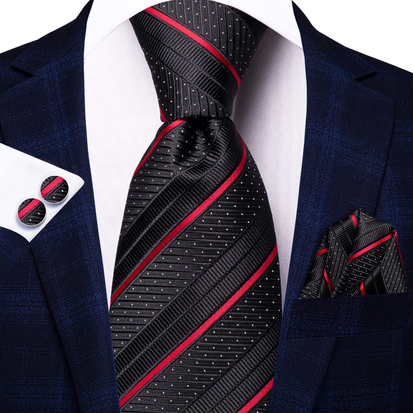 Hi-Tie Black and Red Ties for Men Silk 70''Extra long Mens Ties Set and Pocket Square Cufflinks Dress Necktie for Wedding