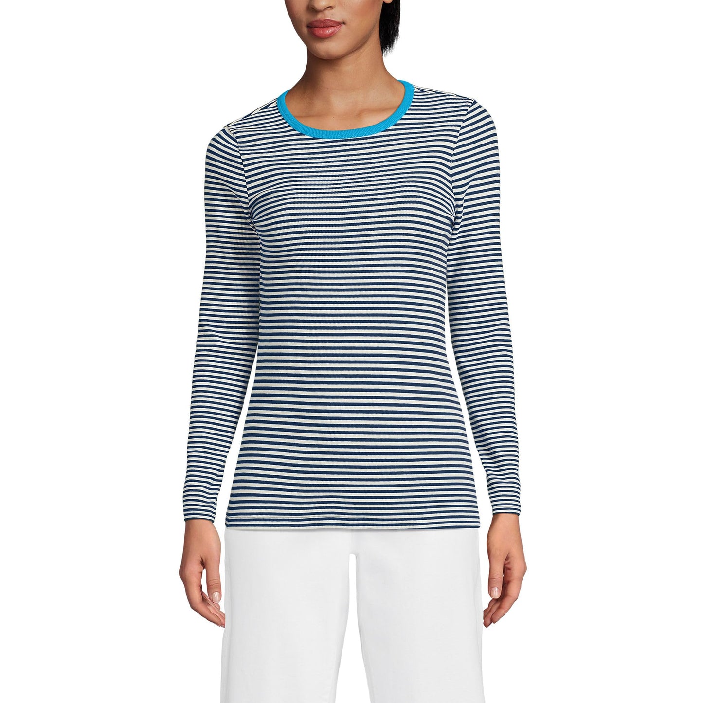 Lands' End Womens Long Sleeve Micro Rib Crew Deep Sea Navy Tiny Stripe Tall Large