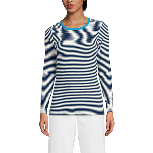 Lands' End Womens Long Sleeve Micro Rib Crew Deep Sea Navy Tiny Stripe Tall Large