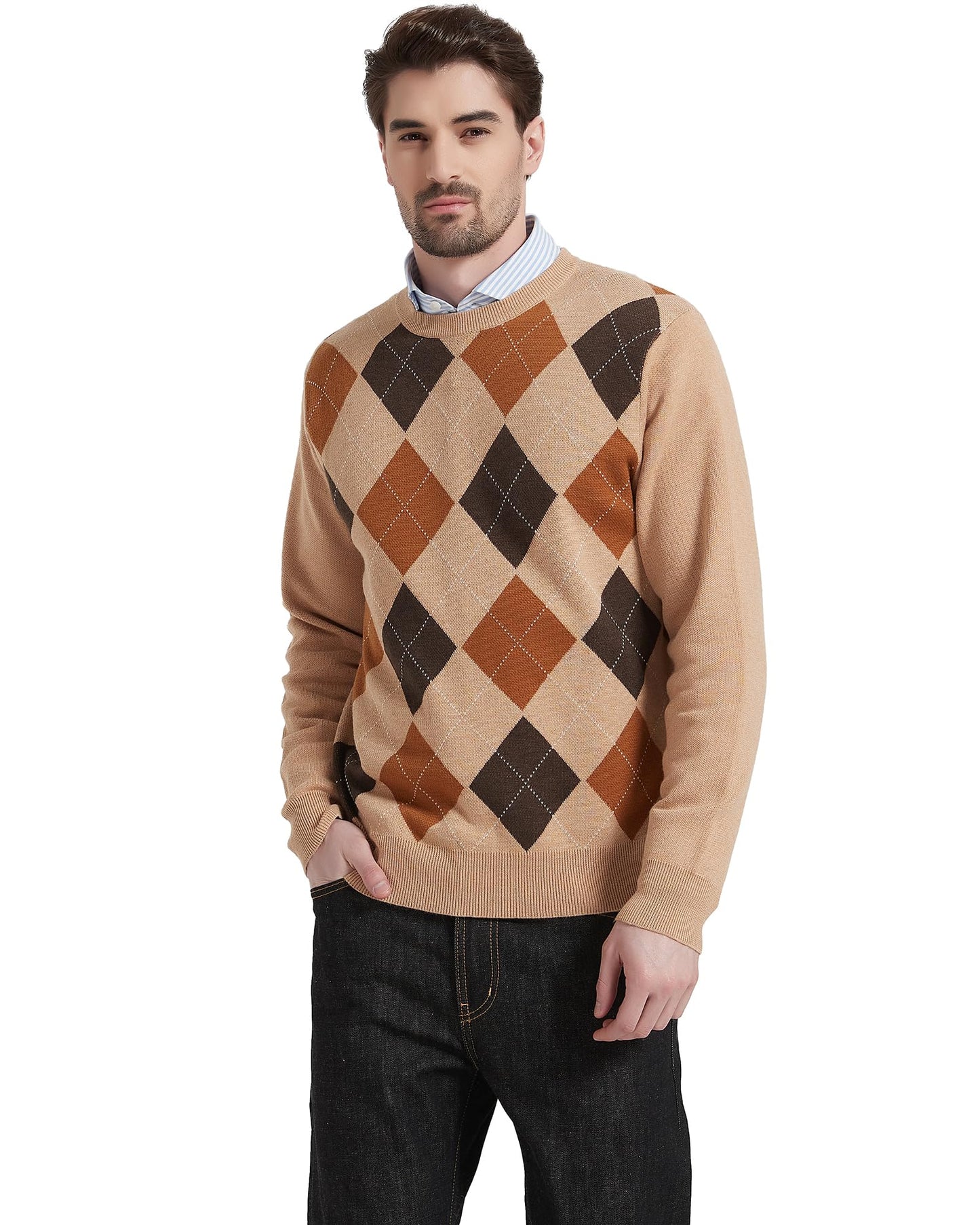 Kallspin Men's Wool Blend Crewneck Sweater Argyle Long Sleeve Pullover Sweater for Casual Or Dressy Wear(Khaki,L-Tall)