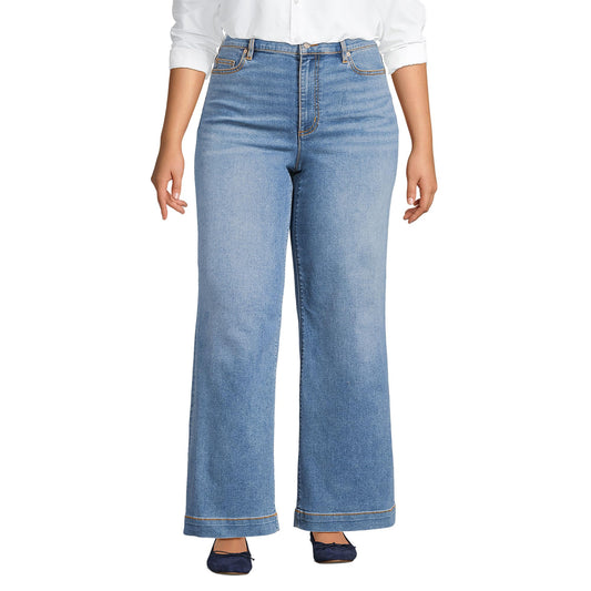 Lands' End Womens Recover HR Wide Leg Blue Jeans Beau Blue Tall 14 34