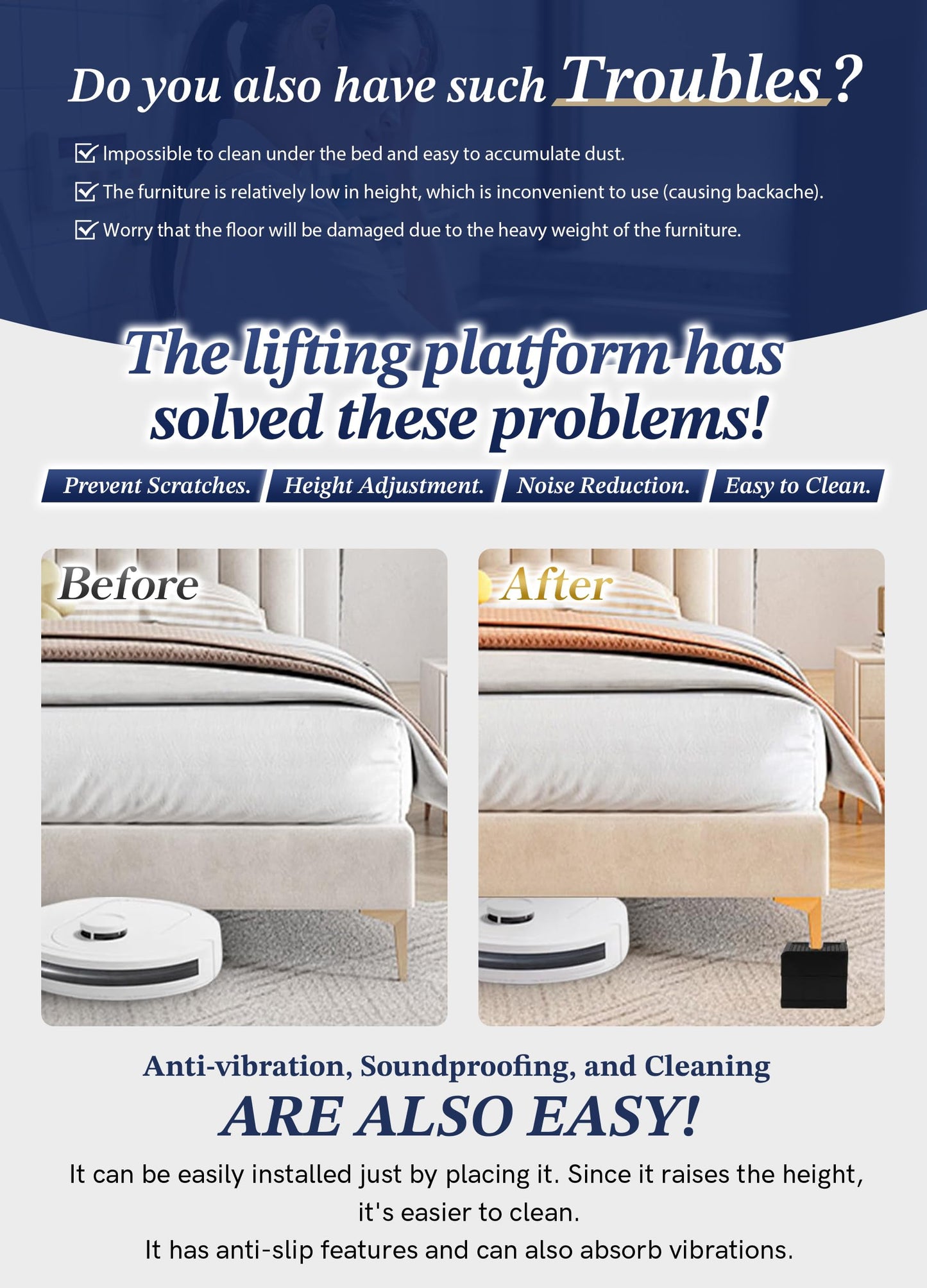 EclatBain Bed Risers Furniture Risers Heavy-Duty Rectangular Adjustable Block Lift to 3 inches and 4.3 inches Desk, Sofa, Chair Legs, Refrigerator, Washing Machine Support up to 4000 pounds