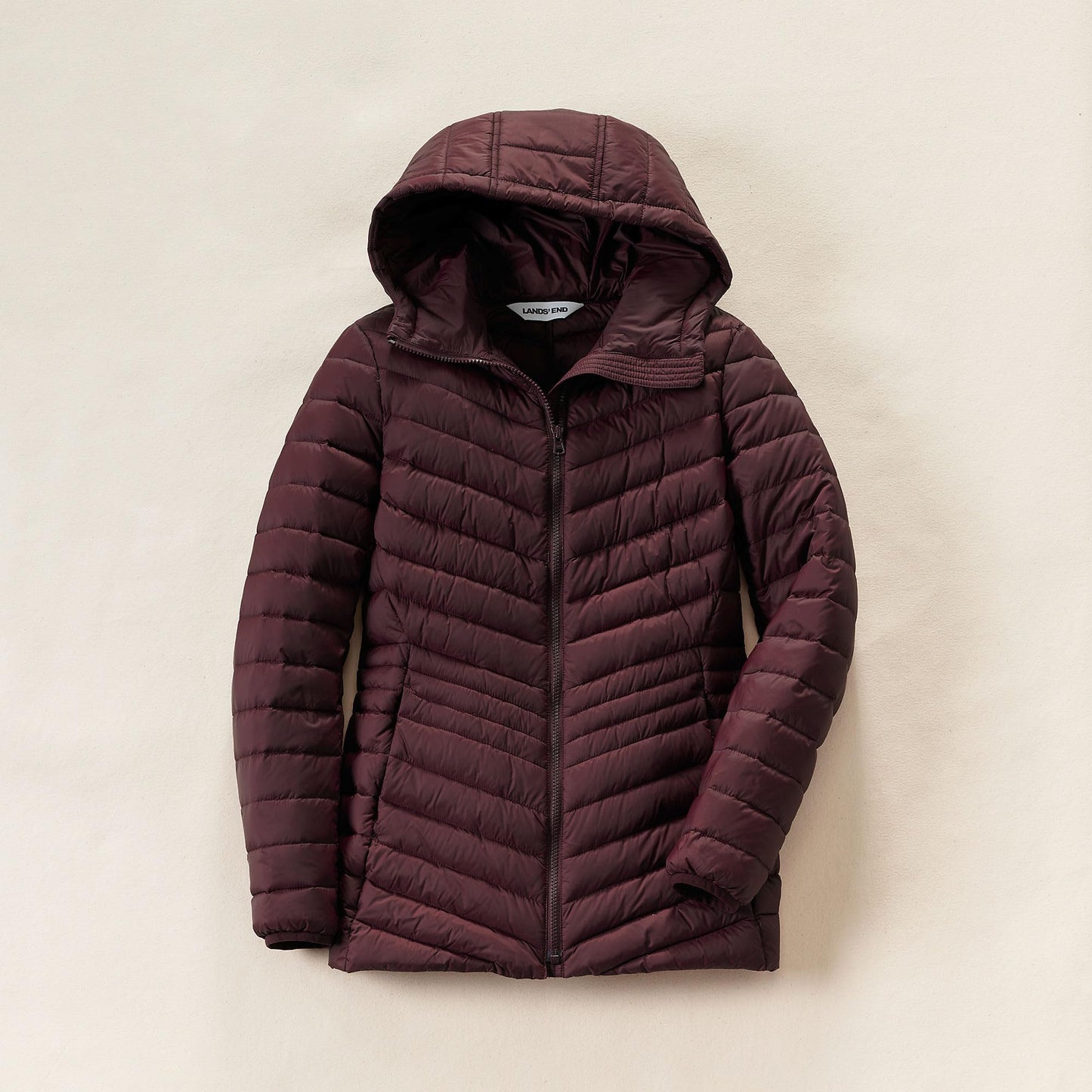 Lands' End Womens Packable Chevron Hooded Long Wanderweight Down Jacket Lush Burgundy Tall X-Large