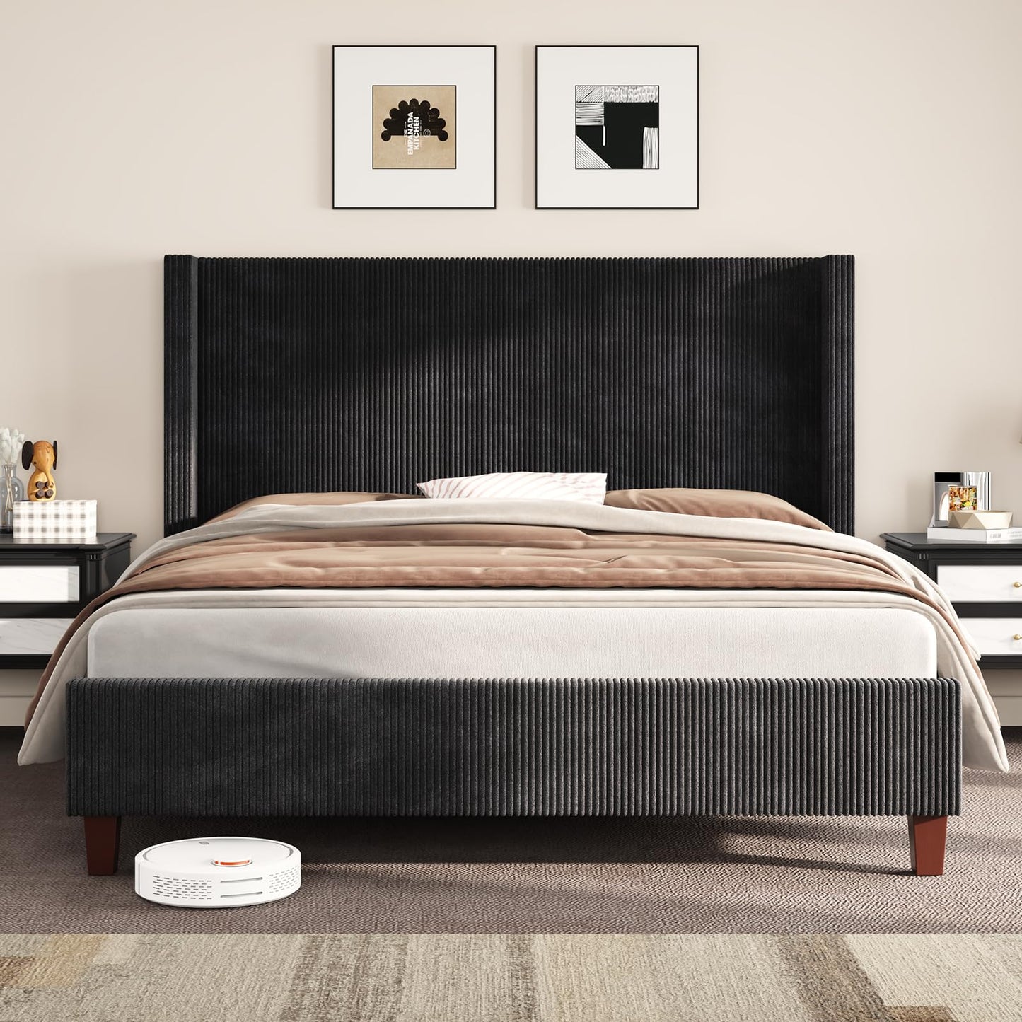 AMERLIFE California King Size Upholstered Bed Frame with 50.8" Tall Headboard, Wingback Platform Bed with Solid Wood Legs, Wooden Slats, Corduroy/No Box Spring Needed/Noise Free/Black