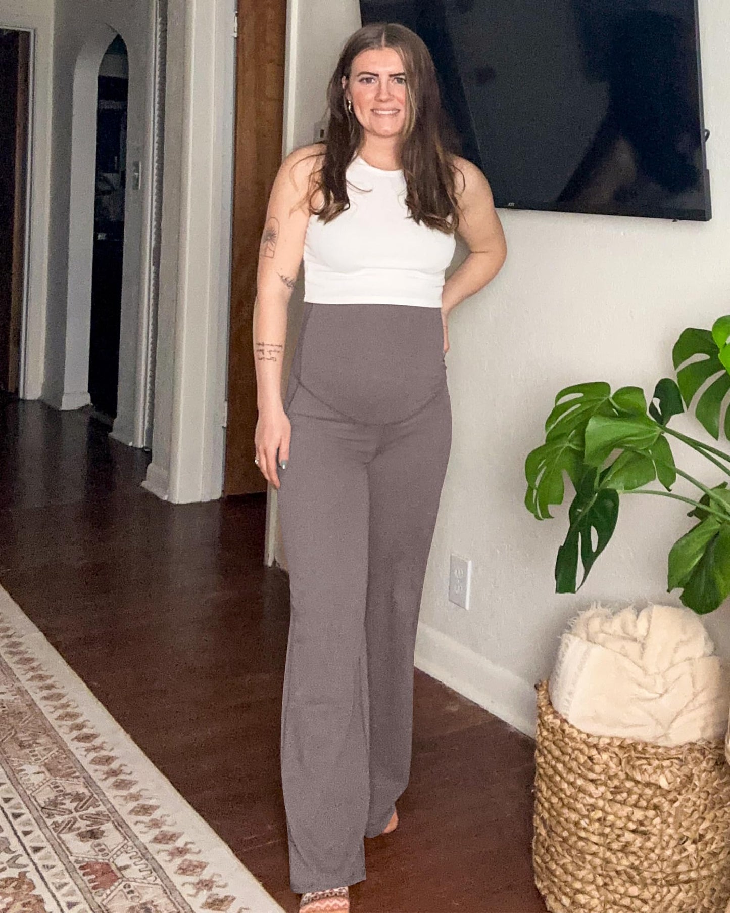 G4Free Woman Maternity Lounge Pants Over The Belly High Waist Wide Leg Pregnancy Yoga Pants for Workout Active Wear(Taupe,XS,34")