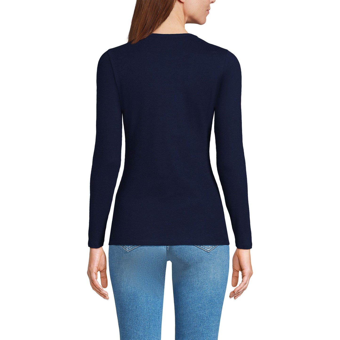 Lands' End Womens Long Sleeve Micro Rib Crew Deep Sea Navy Tall Large