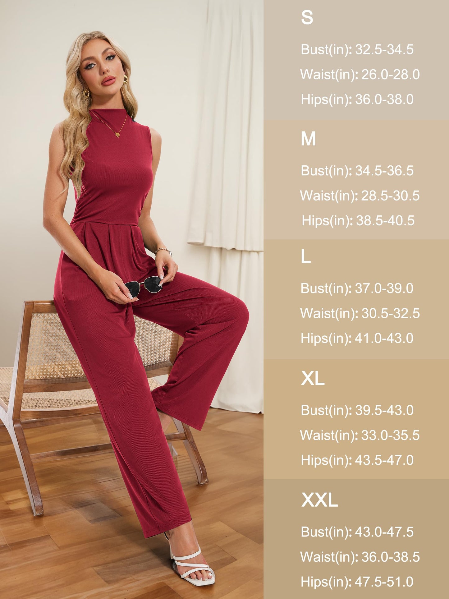 Tapata Women's Jumpsuits Dressy Casual One Piece Outfits Sleeveless Rompers Wide Leg Pants with Pockets, Tall, Burgundy, Small