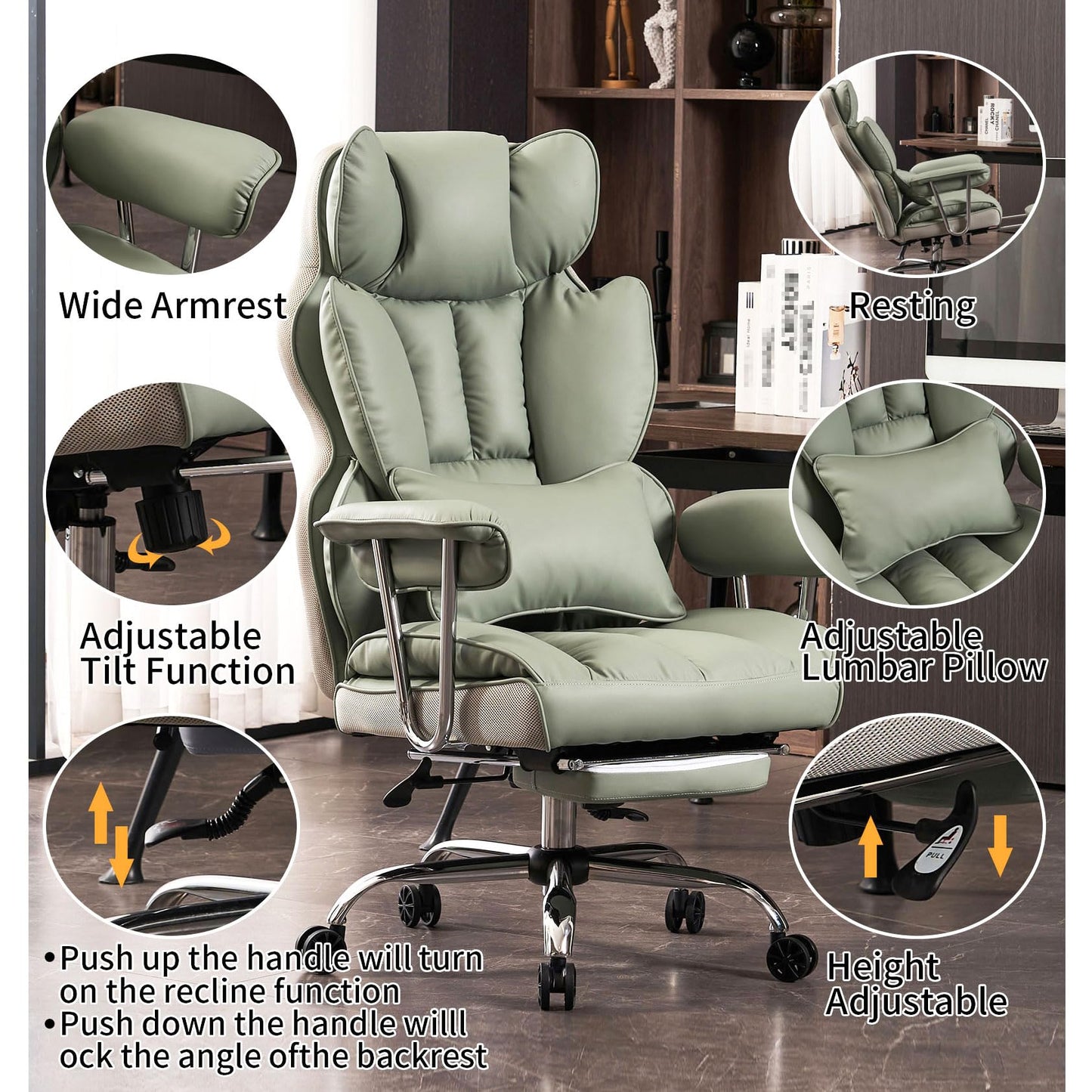 Efomao Big and Tall Office Chair 400lbs - Executive Office Chairs with Footrest, Heavy-Duty PU Leather Computer Chair for Heavy People, Light Green Home Office Desk Chairs