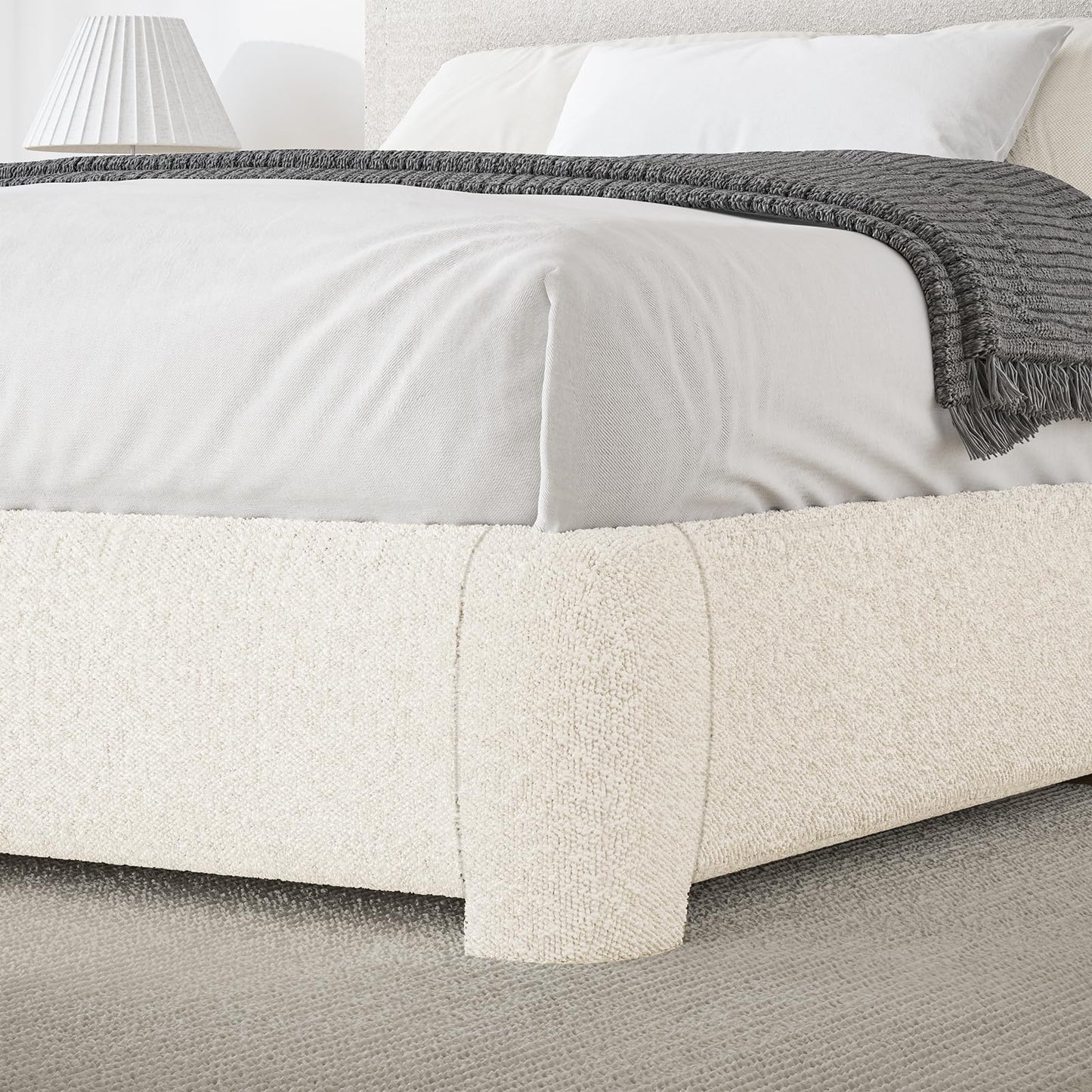 BarnFurin Boucle Upholstered California King Bed Frame/Soft Rounded Corners Headboard/Low Profile Bed Frame/No Box Spring Needed/Cream