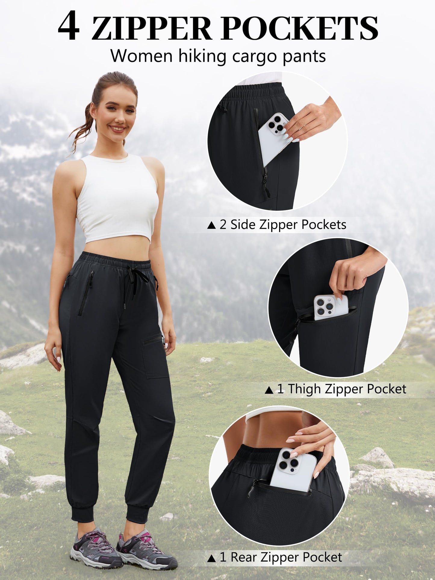 Tallemon Womens Tall Hiking Pants 30/32/34 Inseam Lightweight Joggers Quick Dry 4 Pockets Travel Athletic Cargo UPF50+ 34" Black Medium