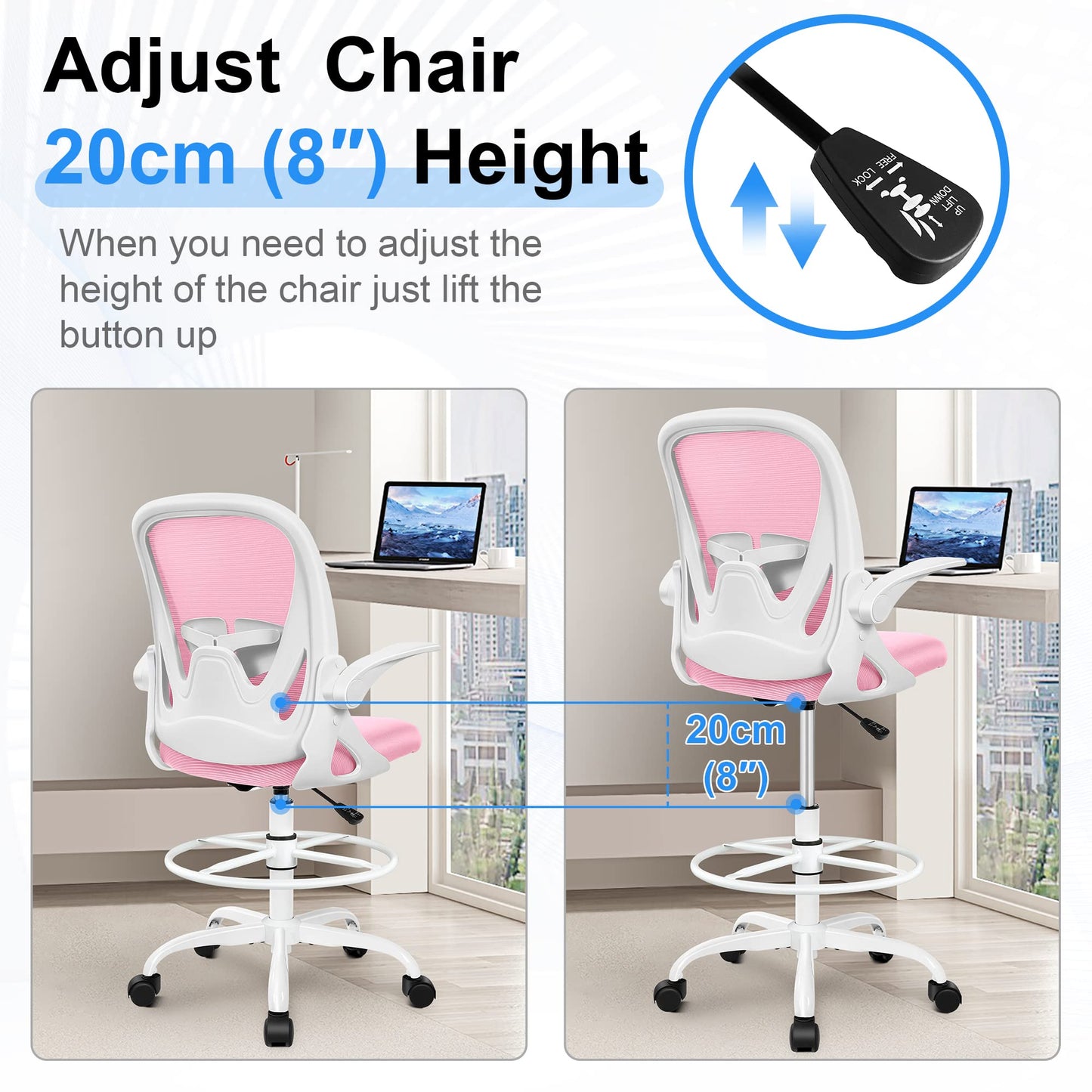 Primy Drafting Chair Tall Office Chair with Flip-up Armrests Executive Ergonomic Computer Standing Desk Chair with Lumbar Support and Adjustable Footrest Ring (Pink)