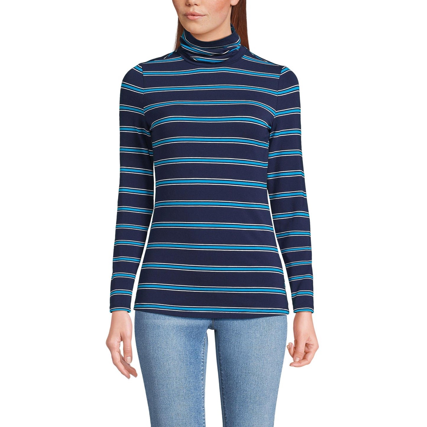 Lands' End Womens Long Sleeve Shaped LWCM Turtleneck Deep Sea/Cyan Stripe Tall Large