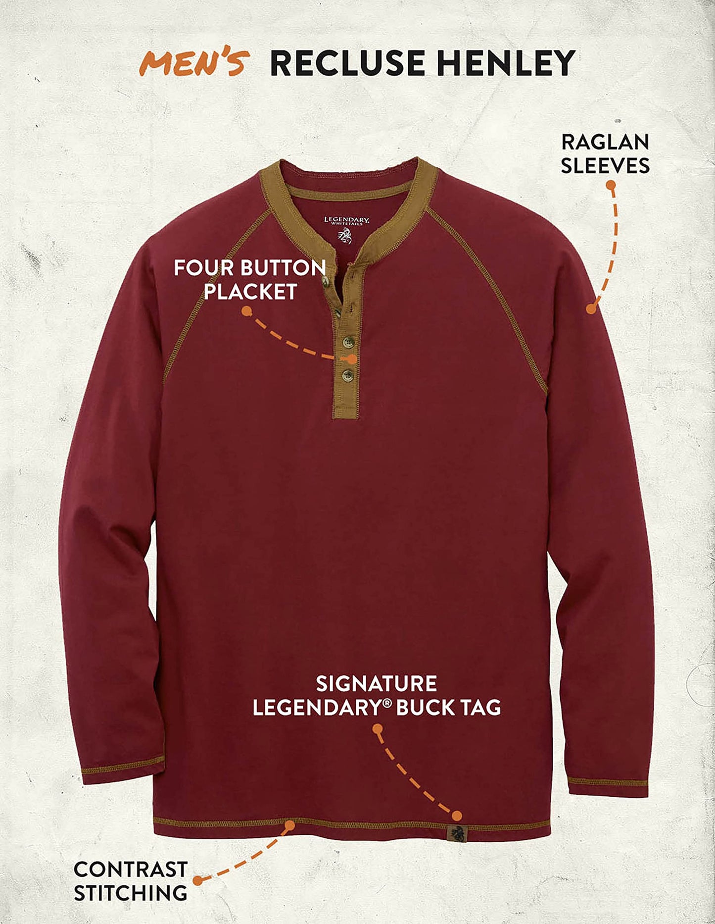 Legendary Whitetails Men's Size Recluse Henley Long Sleeve Brushed Cotton Shirt, Brick, X-Large Tall