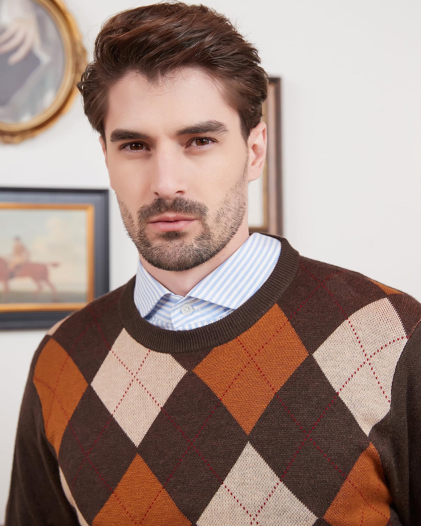 Kallspin Men's Wool Blend Crewneck Sweater Argyle Long Sleeve Pullover Sweater for Casual Or Dressy Wear(Brown,L-Tall)