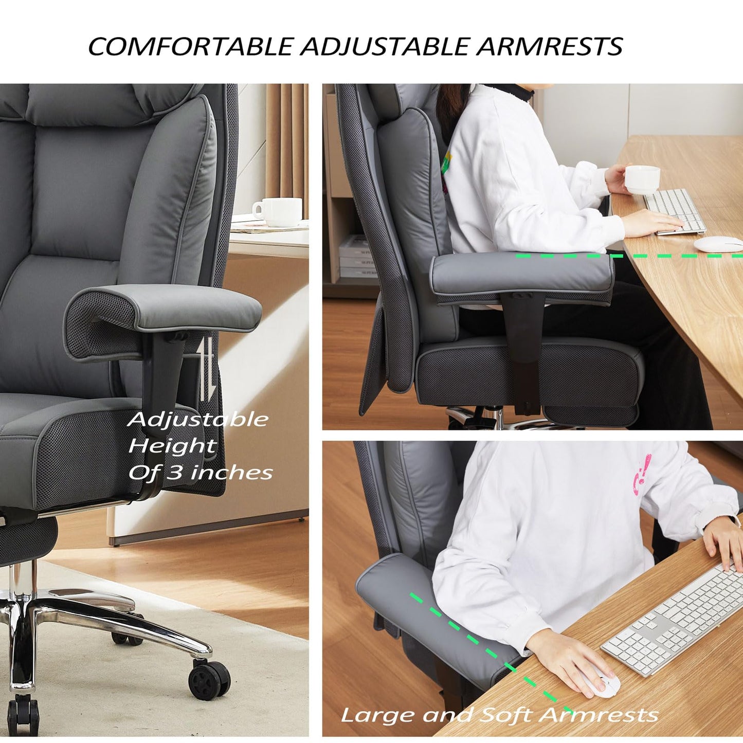 Efomao Big and Tall Office Chair 450LBS with Foot Rest, High Back PU Leather Executive Chair with Adjustable Padded Armrests, Lumbar Support for Home or Work, Heavy Duty Computer Chair, Grey