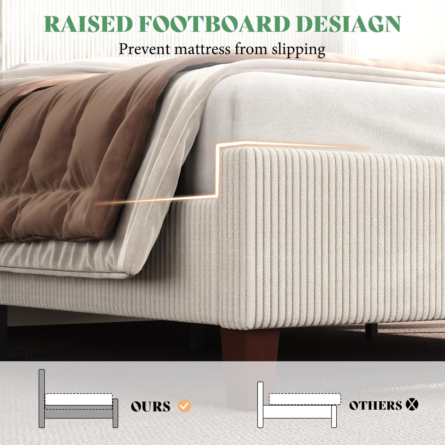 AMERLIFE California King Size Upholstered Bed Frame with 50.8" Tall Headboard, Wingback Platform Bed with Solid Wood Legs, Wooden Slats, Corduroy/No Box Spring Needed/Noise Free/Cream