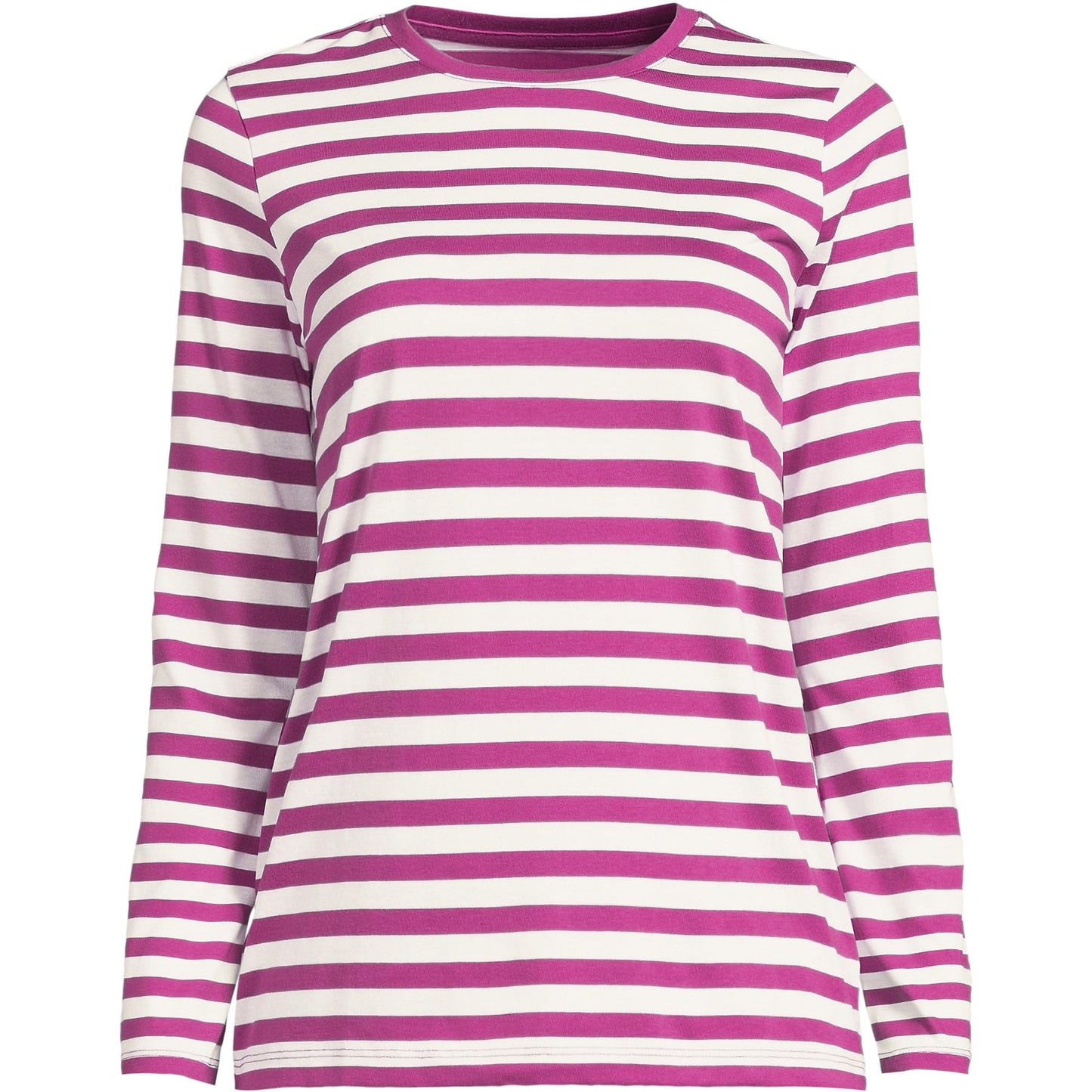 Lands' End Womens Long Sleeve Relaxed Supima Cotton Crew Neck T Shirt Light Raspberry Even Stripe Tall X-Large
